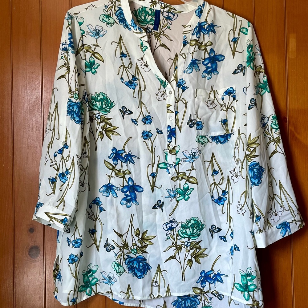 Falls Creek Women's White Blouse with Blue and Green Floral